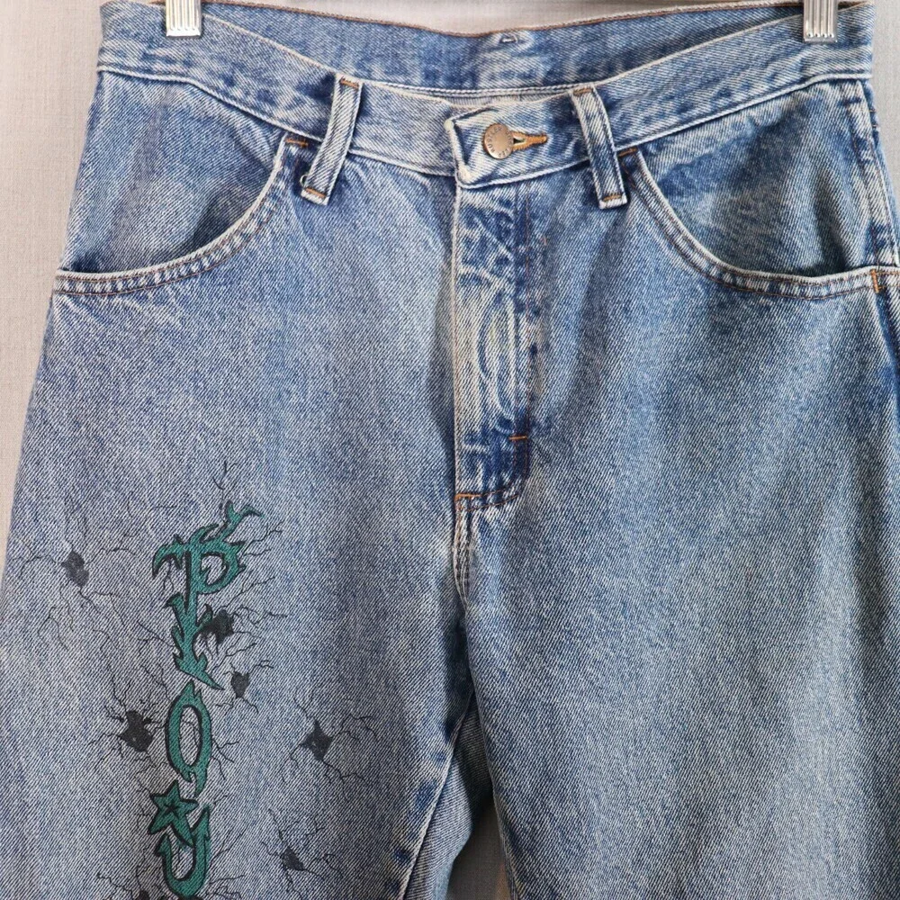 Vintage Rustler Jeans *30x30 Upcycled Tattoo Drawn Art Denim 90s Y2K Bone Skull